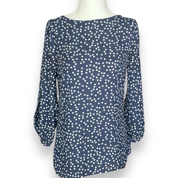 Banana Republic Factory Blouse Navy Blue White Polka Dot Flowy Split Sleeve Top - Picture 1 of 9